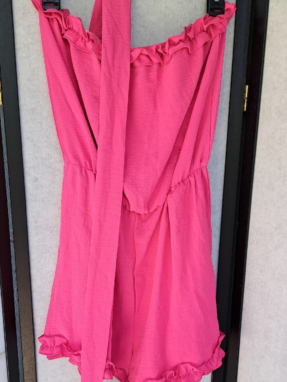 chic Hot Pink Ruffle Strapless Romper - Picture 6 of 8